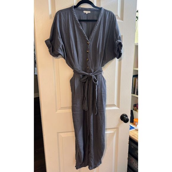 Baltic Born 100% Linen Charcoal Gray Belted Button Down 'Heidi' Jumpsuit - Picture 2 of 10